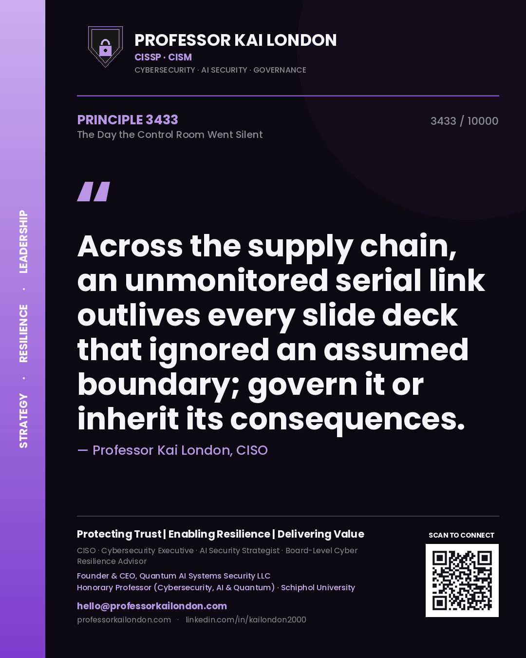 Professor Kai London principle 3433: Across the supply chain, an unmonitored serial link outlives every slide deck that ignored an assumed boundary; govern it or inherit its consequences.