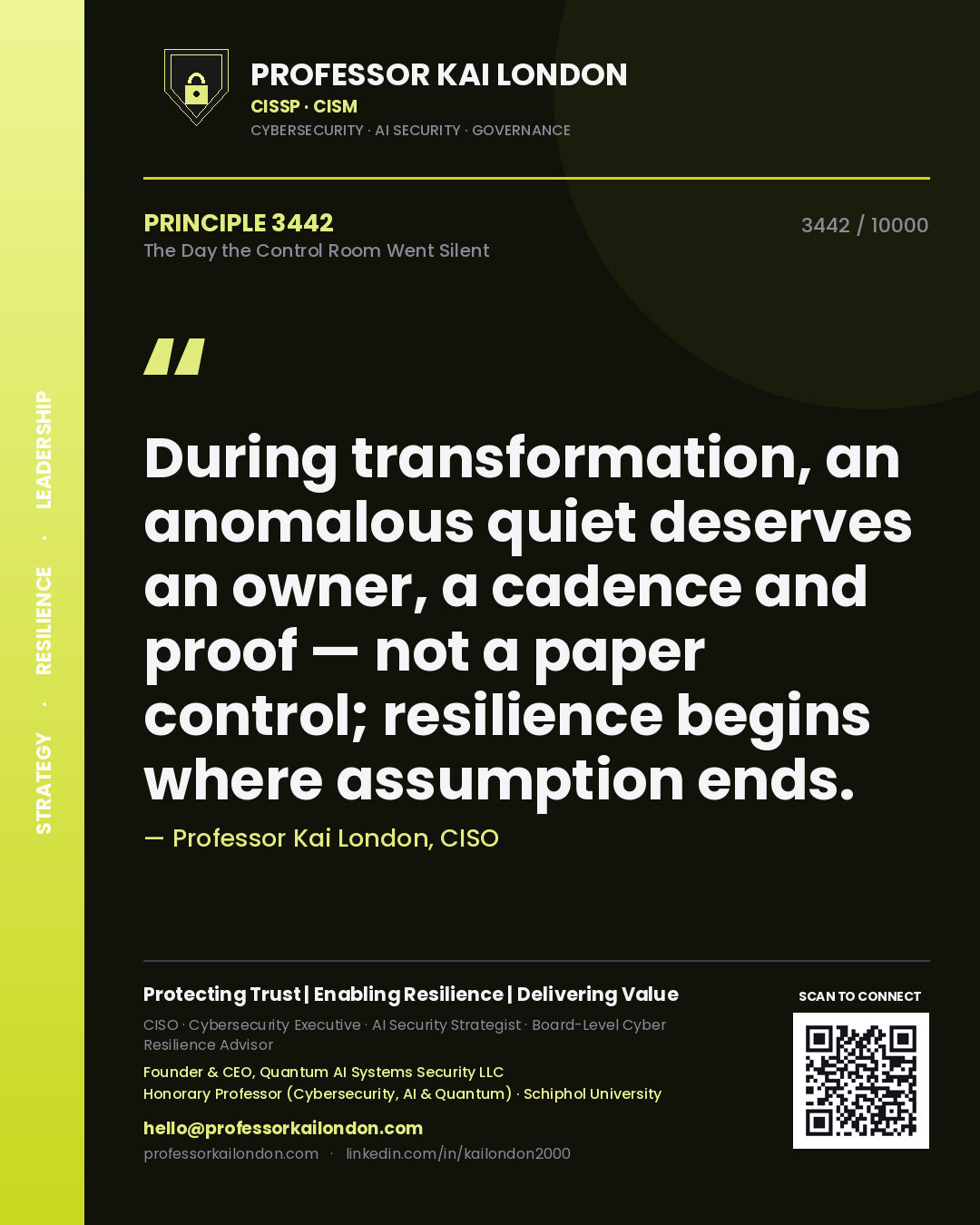 Professor Kai London principle 3442: During transformation, an anomalous quiet deserves an owner, a cadence and proof — not a paper control; resilience begins where assumption ends.