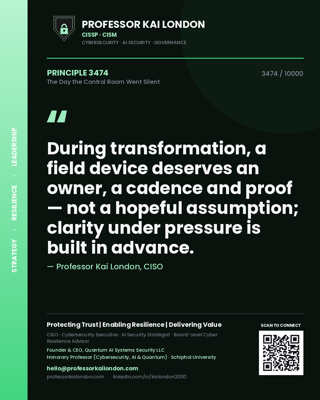 Professor Kai London principle 3474: During transformation, a field device deserves an owner, a cadence and proof — not a hopeful assumption; clarity under pressure is built in advance.