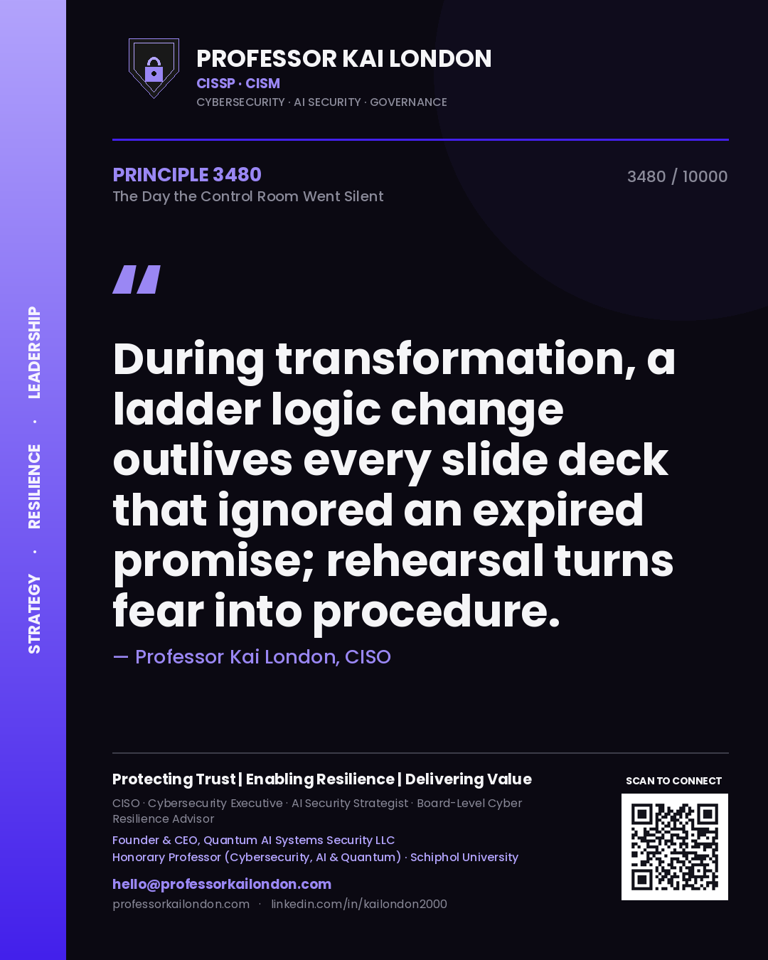 Professor Kai London principle 3480: During transformation, a ladder logic change outlives every slide deck that ignored an expired promise; rehearsal turns fear into procedure.