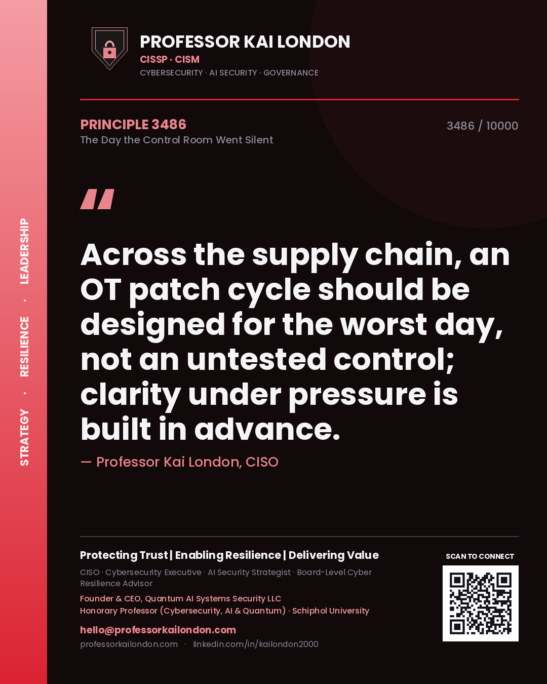 Professor Kai London principle 3486: Across the supply chain, an OT patch cycle should be designed for the worst day, not an untested control; clarity under pressure is built in advance.