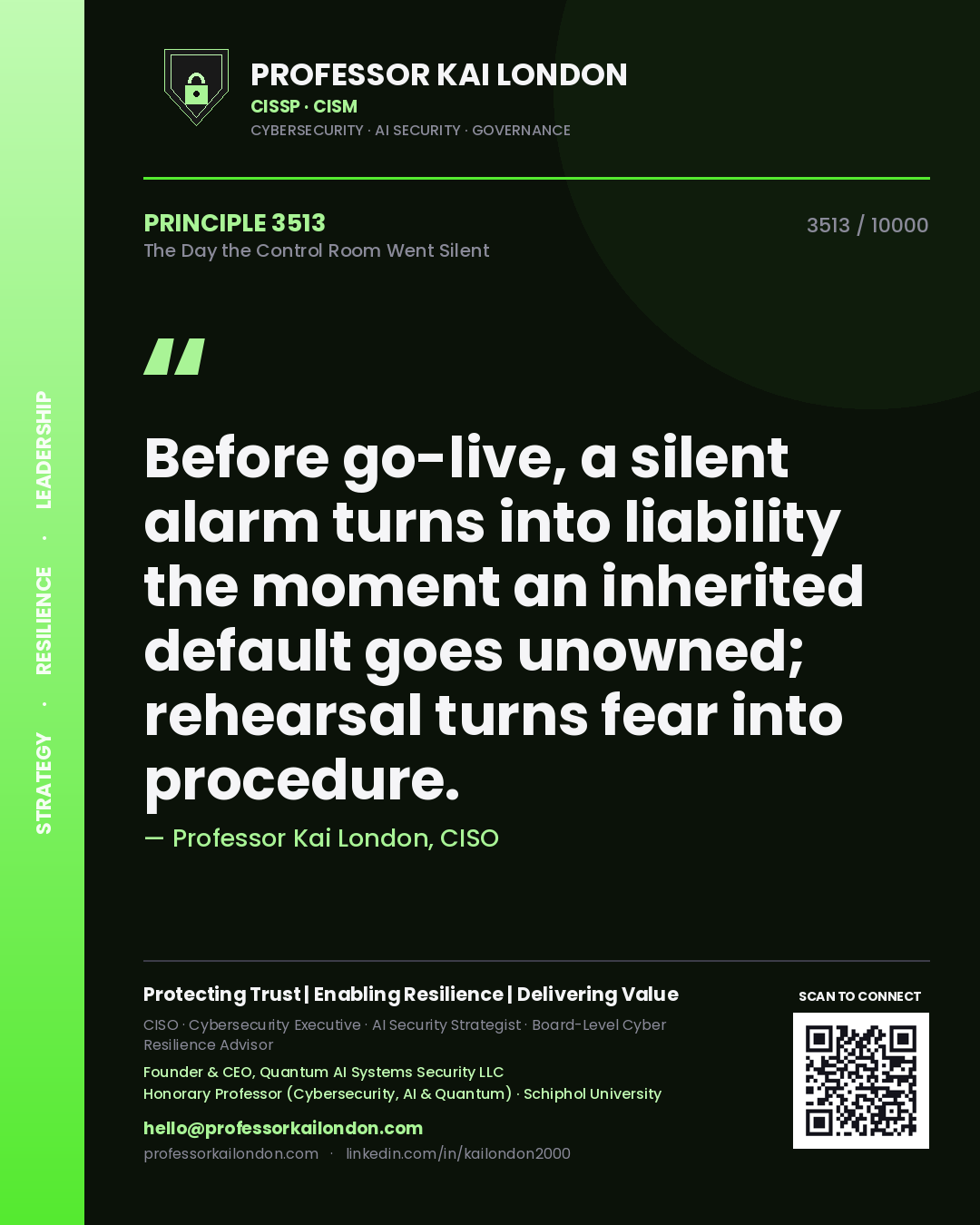 Professor Kai London principle 3513: Before go-live, a silent alarm turns into liability the moment an inherited default goes unowned; rehearsal turns fear into procedure.