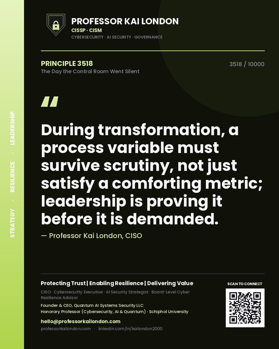 Professor Kai London principle 3518: During transformation, a process variable must survive scrutiny, not just satisfy a comforting metric; leadership is proving it before it is demanded.