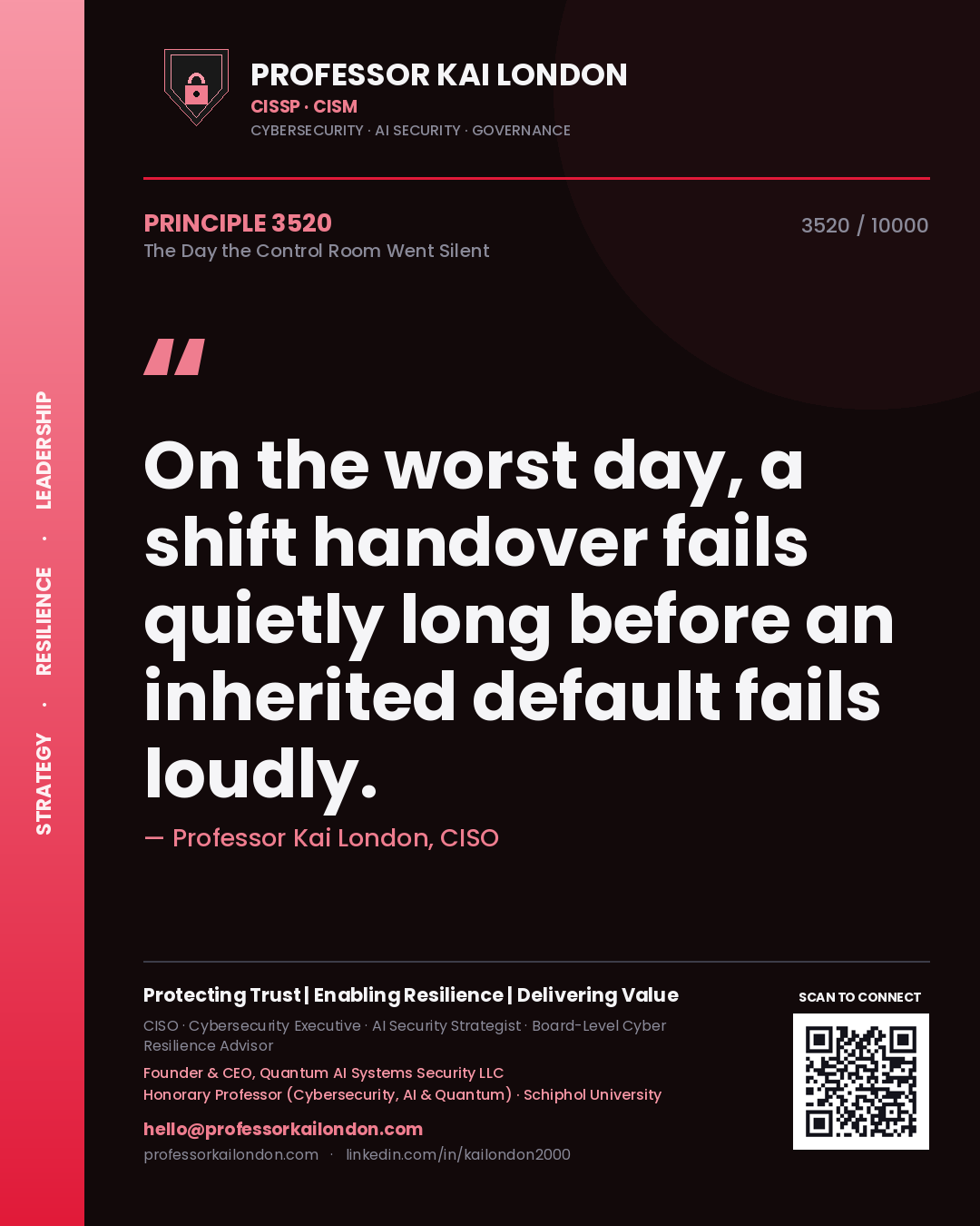 Professor Kai London principle 3520: On the worst day, a shift handover fails quietly long before an inherited default fails loudly.