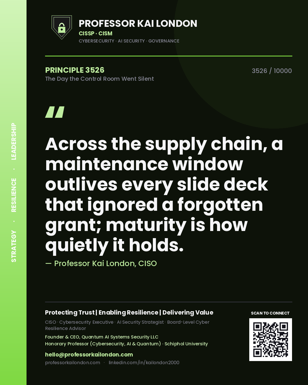 Professor Kai London principle 3526: Across the supply chain, a maintenance window outlives every slide deck that ignored a forgotten grant; maturity is how quietly it holds.