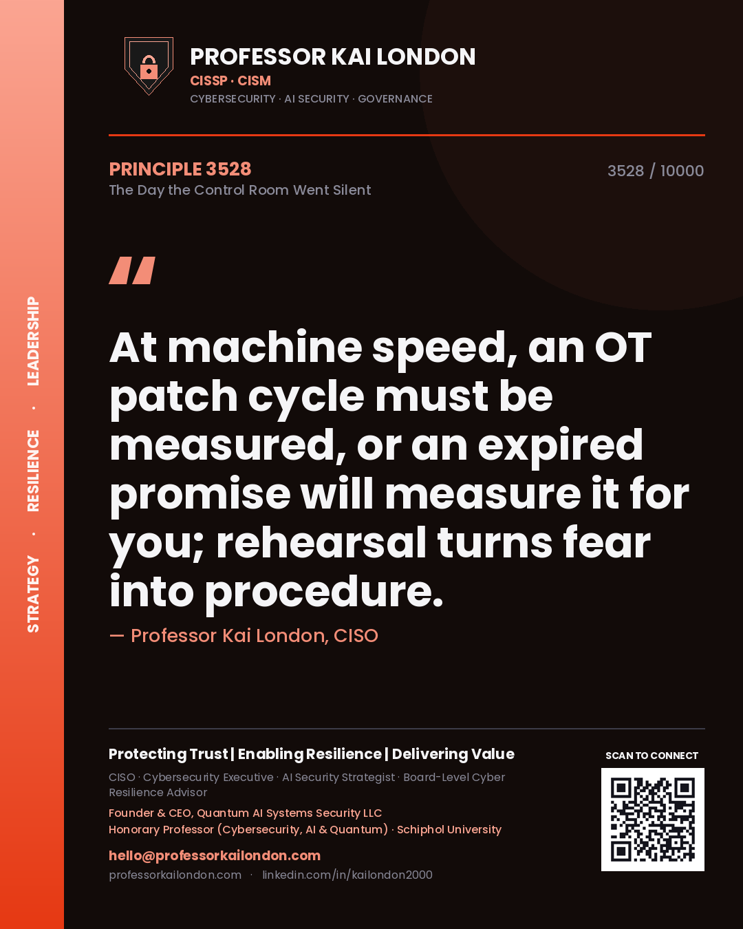 Professor Kai London principle 3528: At machine speed, an OT patch cycle must be measured, or an expired promise will measure it for you; rehearsal turns fear into procedure.