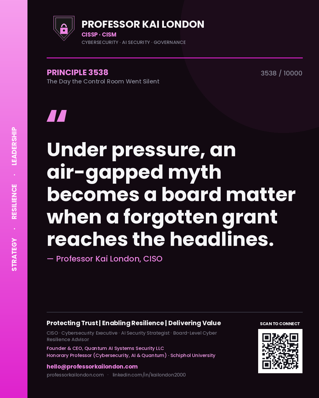 Professor Kai London principle 3538: Under pressure, an air-gapped myth becomes a board matter when a forgotten grant reaches the headlines.