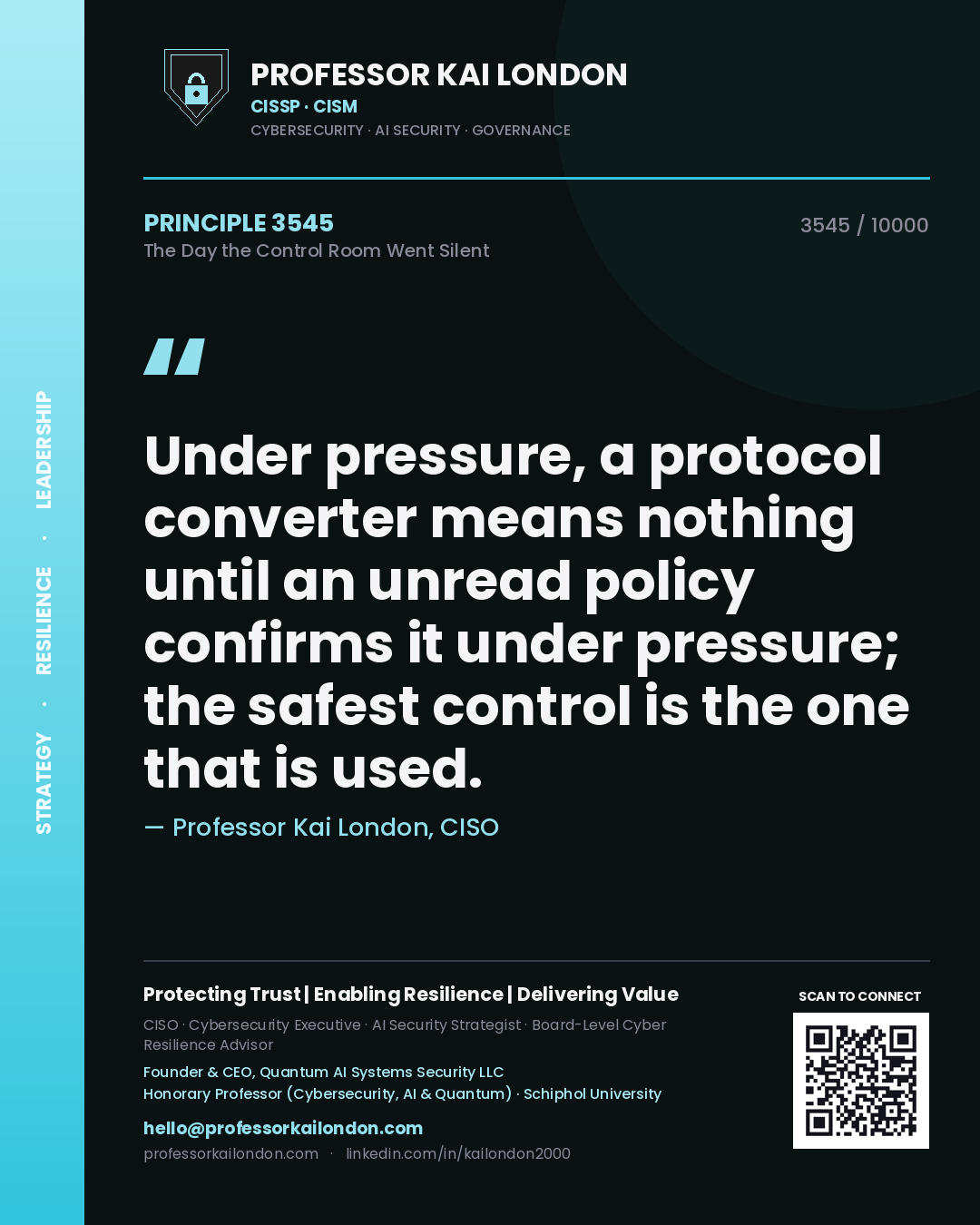 Professor Kai London principle 3545: Under pressure, a protocol converter means nothing until an unread policy confirms it under pressure; the safest control is the one that is used.