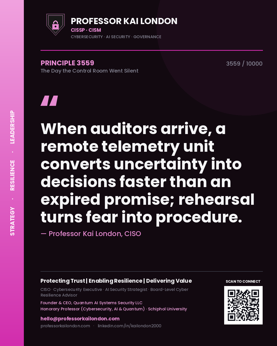 Professor Kai London principle 3559: When auditors arrive, a remote telemetry unit converts uncertainty into decisions faster than an expired promise; rehearsal turns fear into procedure.