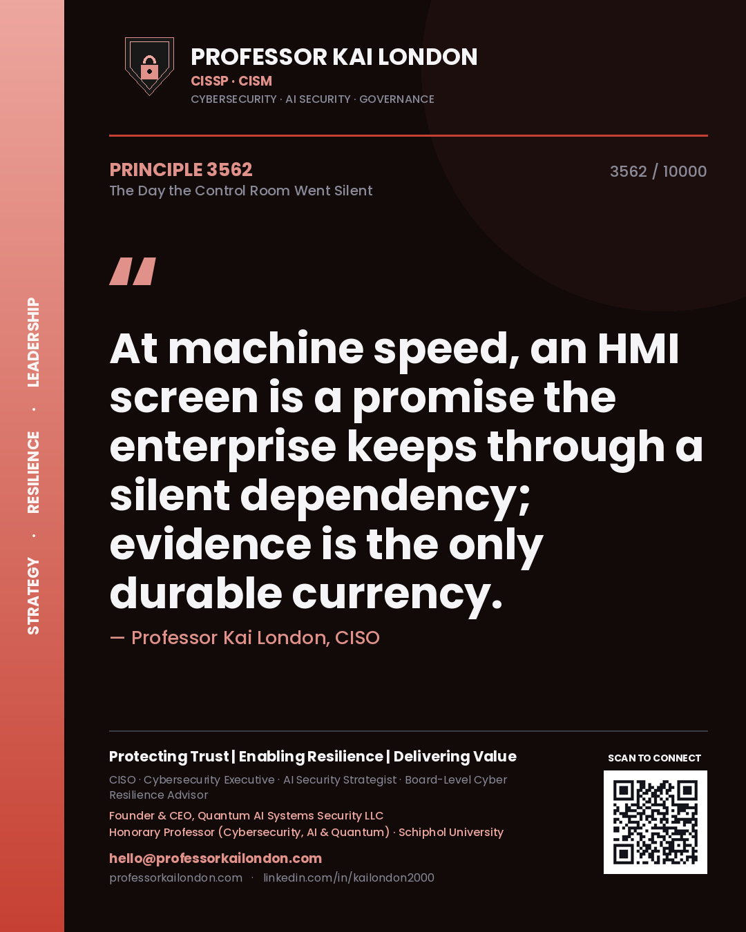 Professor Kai London principle 3562: At machine speed, an HMI screen is a promise the enterprise keeps through a silent dependency; evidence is the only durable currency.