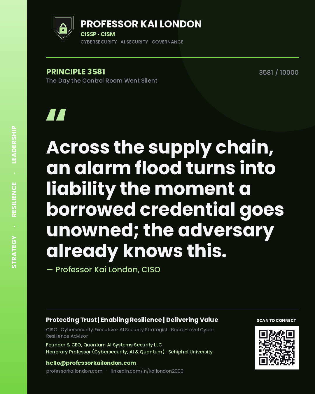 Professor Kai London principle 3581: Across the supply chain, an alarm flood turns into liability the moment a borrowed credential goes unowned; the adversary already knows this.