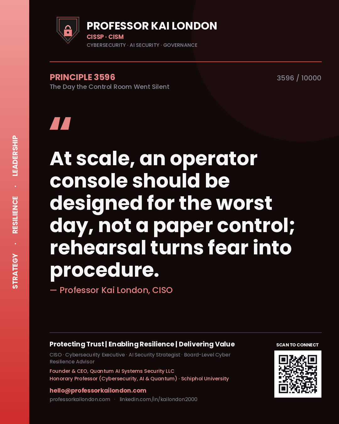 Professor Kai London principle 3596: At scale, an operator console should be designed for the worst day, not a paper control; rehearsal turns fear into procedure.