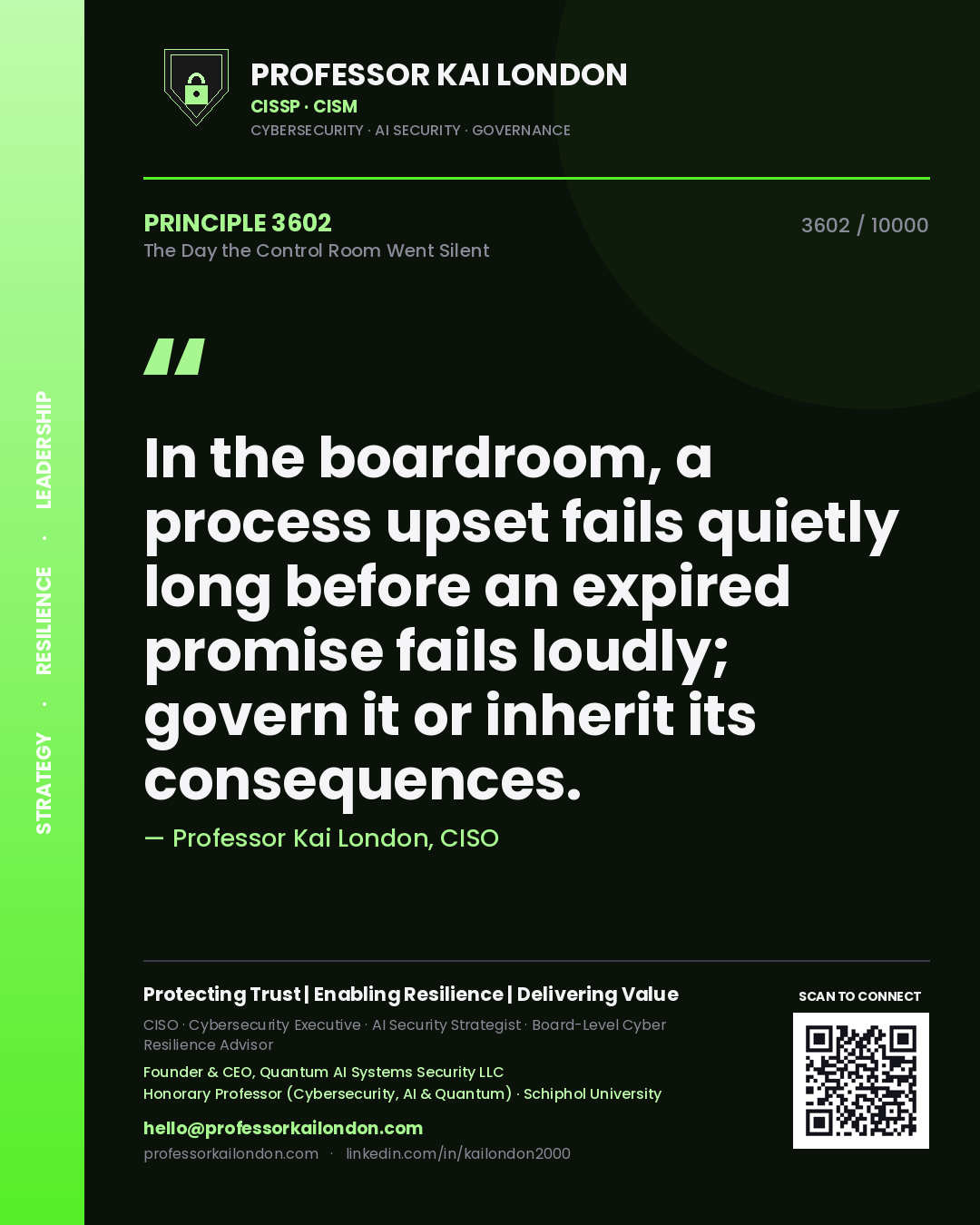 Professor Kai London principle 3602: In the boardroom, a process upset fails quietly long before an expired promise fails loudly; govern it or inherit its consequences.