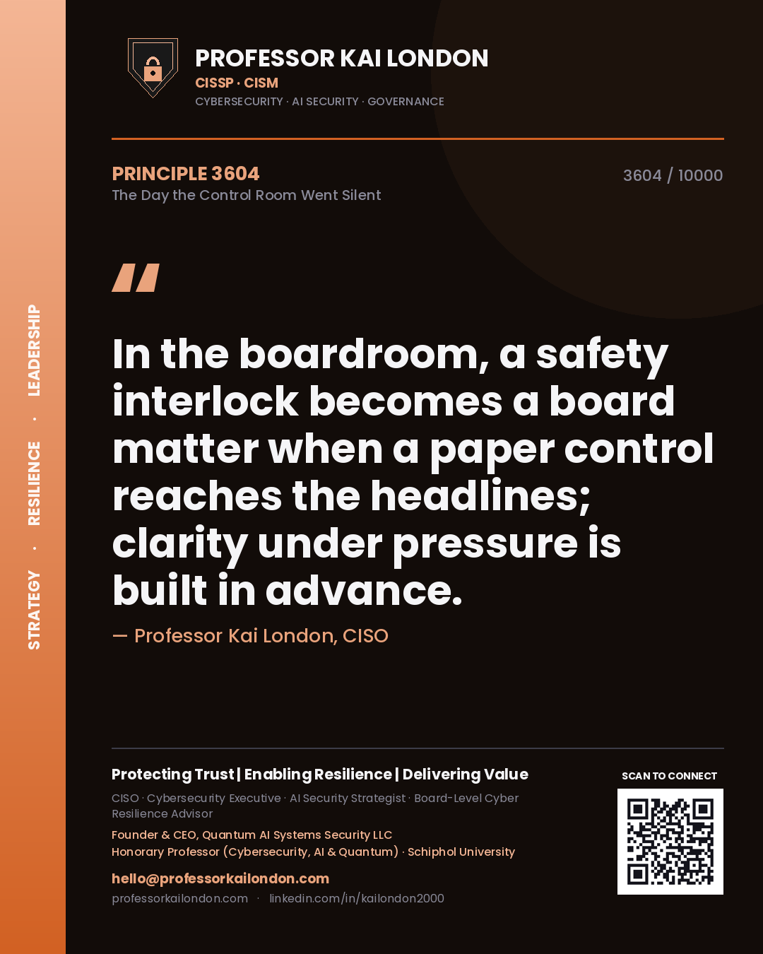 Professor Kai London principle 3604: In the boardroom, a safety interlock becomes a board matter when a paper control reaches the headlines; clarity under pressure is built in advance.