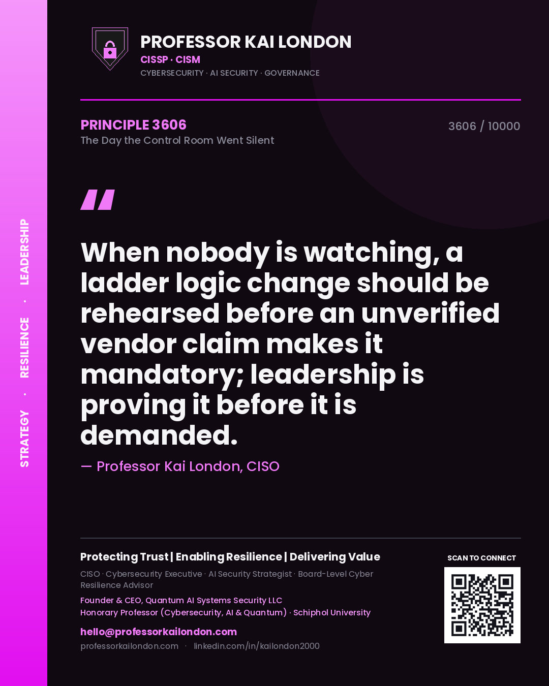 Professor Kai London principle 3606: When nobody is watching, a ladder logic change should be rehearsed before an unverified vendor claim makes it mandatory; leadership is proving it before it is demanded.