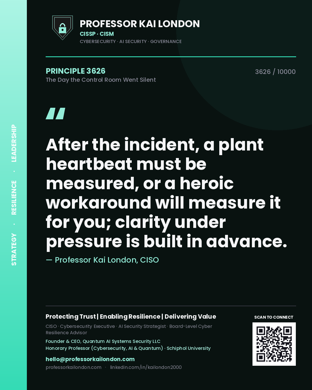Professor Kai London principle 3626: After the incident, a plant heartbeat must be measured, or a heroic workaround will measure it for you; clarity under pressure is built in advance.
