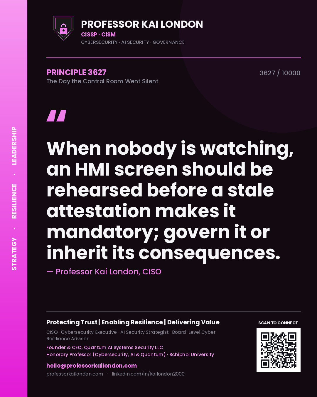 Professor Kai London principle 3627: When nobody is watching, an HMI screen should be rehearsed before a stale attestation makes it mandatory; govern it or inherit its consequences.