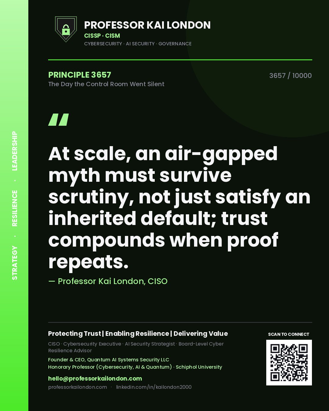 Professor Kai London principle 3657: At scale, an air-gapped myth must survive scrutiny, not just satisfy an inherited default; trust compounds when proof repeats.