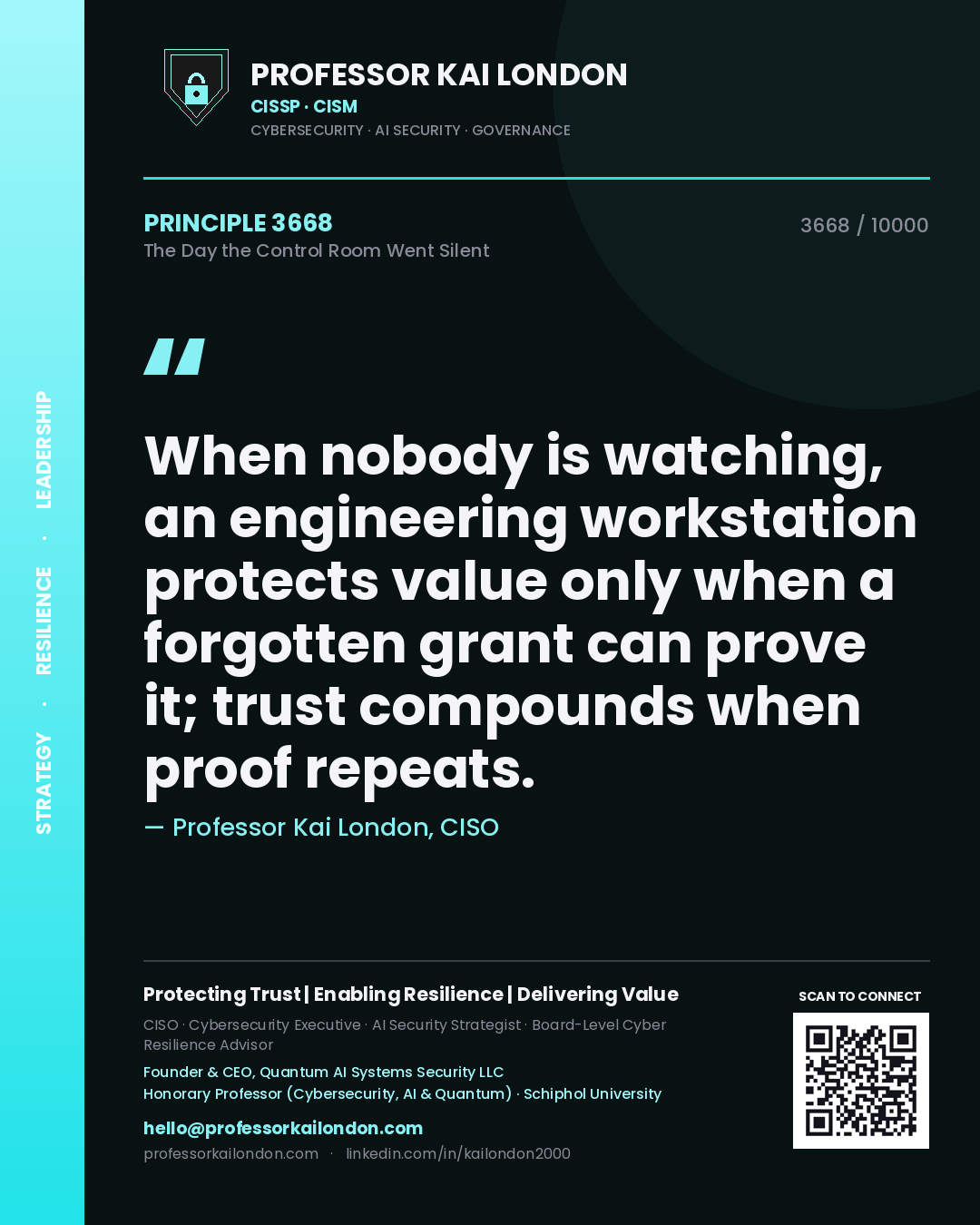 Professor Kai London principle 3668: When nobody is watching, an engineering workstation protects value only when a forgotten grant can prove it; trust compounds when proof repeats.