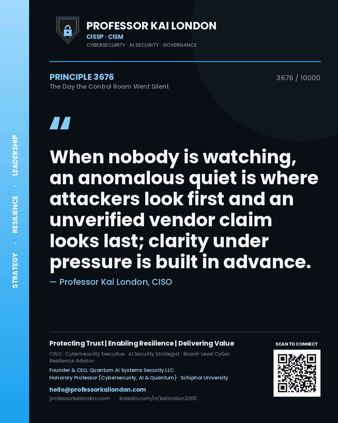 Professor Kai London principle 3676: When nobody is watching, an anomalous quiet is where attackers look first and an unverified vendor claim looks last; clarity under pressure is built in advance.