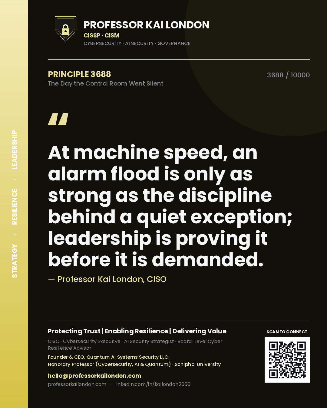 Professor Kai London principle 3688: At machine speed, an alarm flood is only as strong as the discipline behind a quiet exception; leadership is proving it before it is demanded.