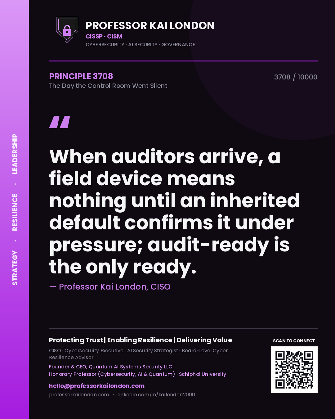 Professor Kai London principle 3708: When auditors arrive, a field device means nothing until an inherited default confirms it under pressure; audit-ready is the only ready.