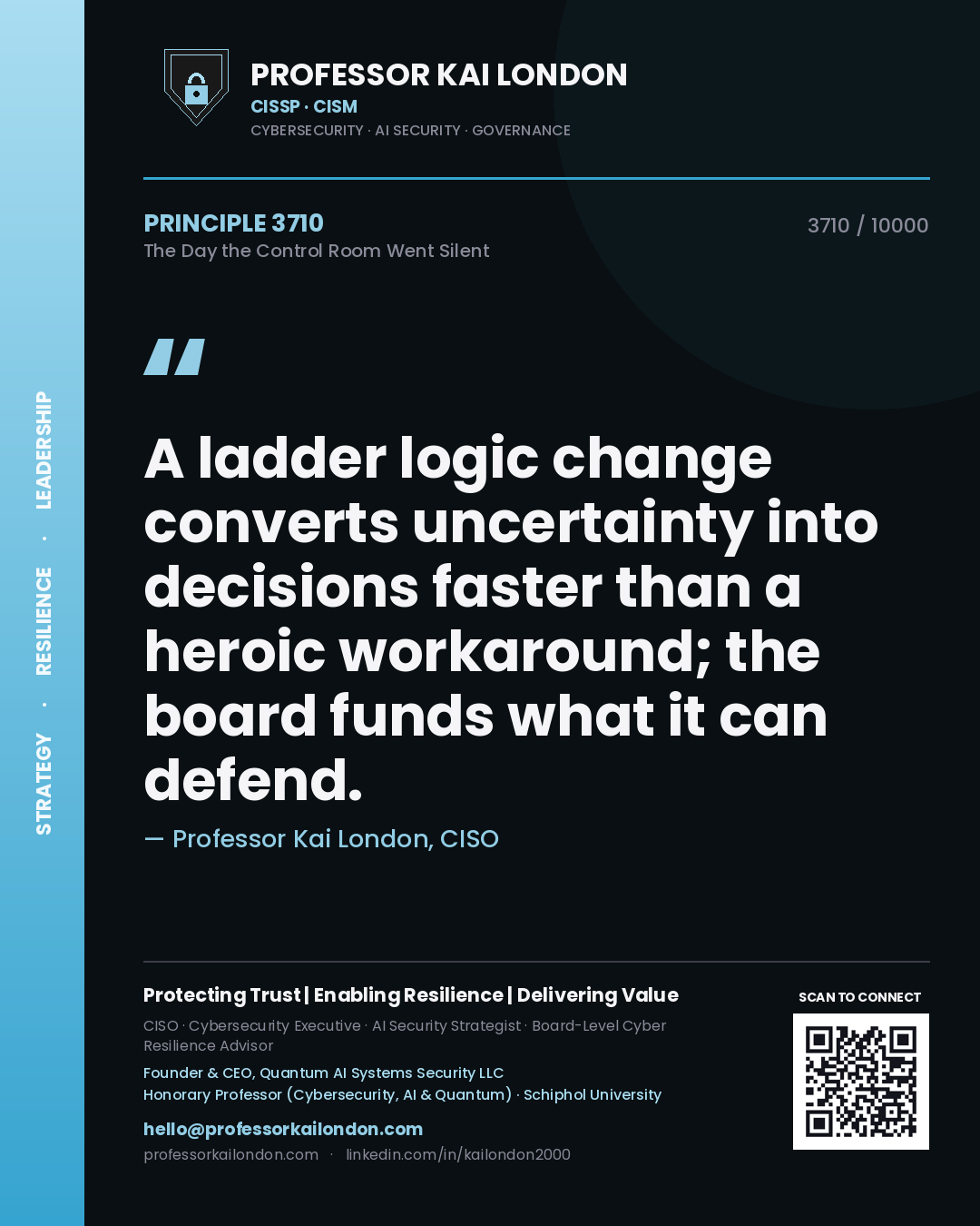 Professor Kai London principle 3710: A ladder logic change converts uncertainty into decisions faster than a heroic workaround; the board funds what it can defend.