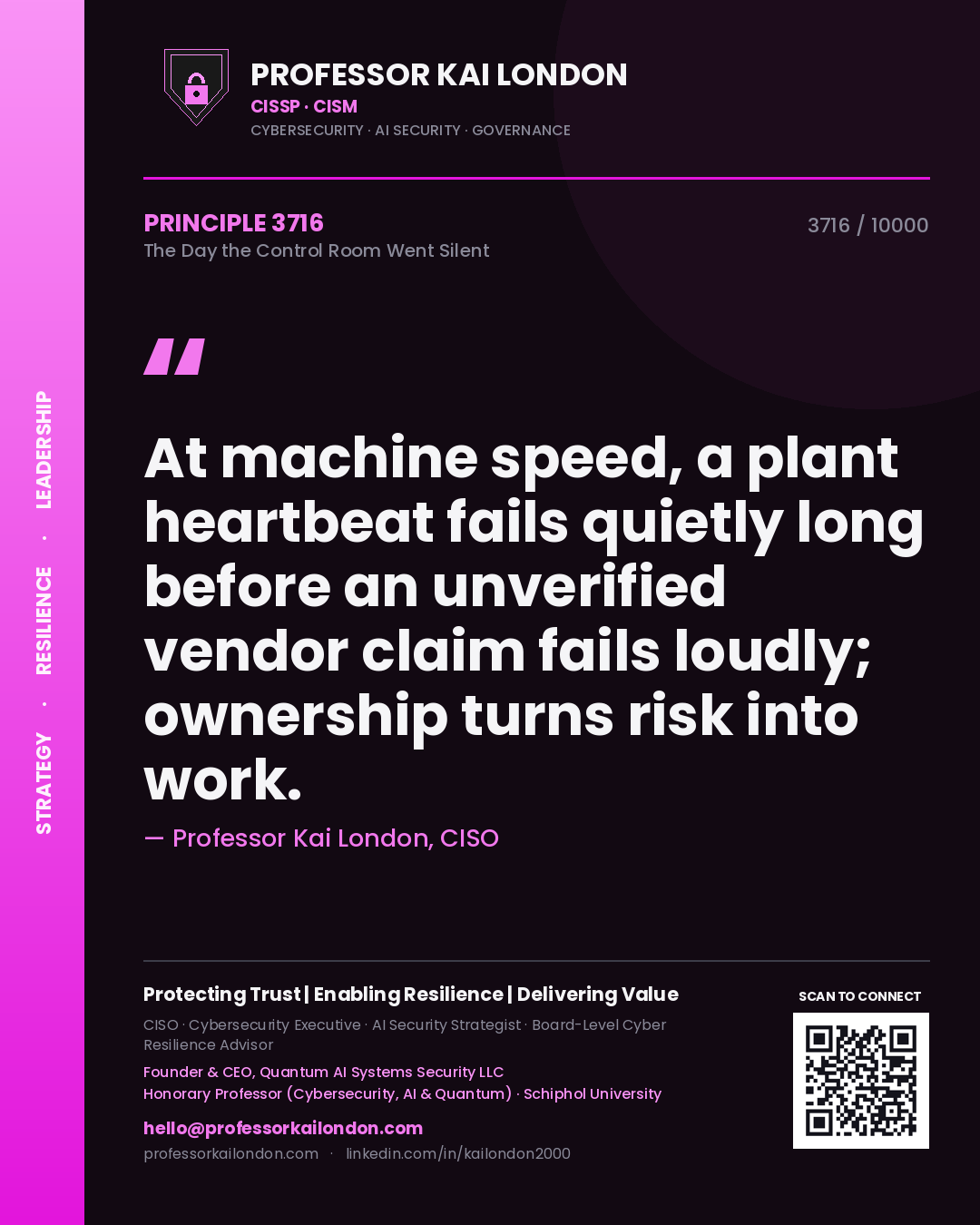 Professor Kai London principle 3716: At machine speed, a plant heartbeat fails quietly long before an unverified vendor claim fails loudly; ownership turns risk into work.
