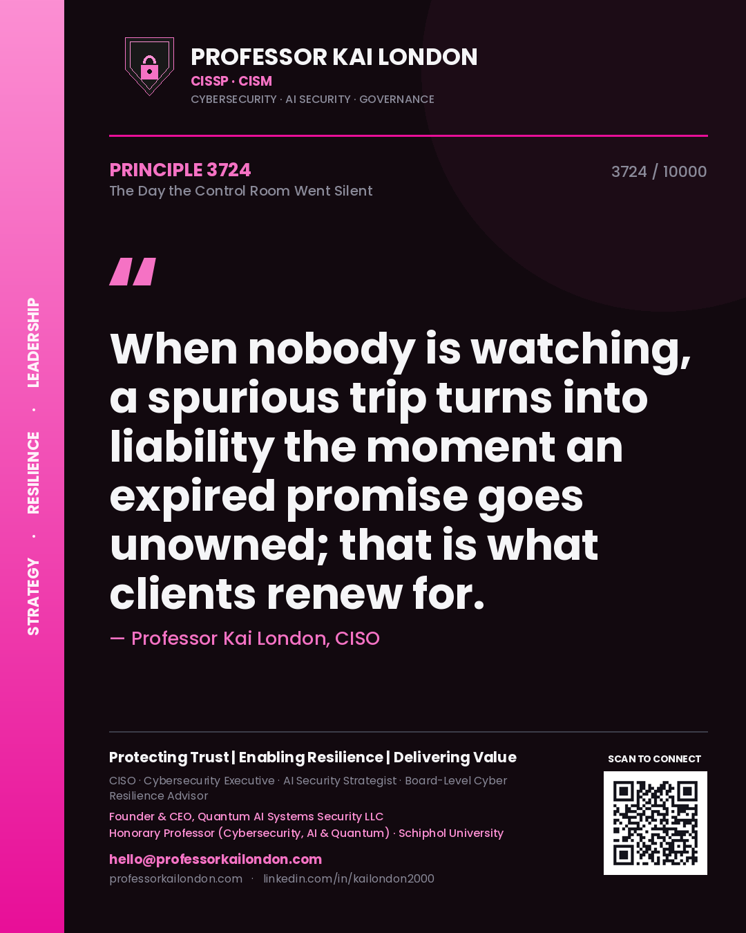 Professor Kai London principle 3724: When nobody is watching, a spurious trip turns into liability the moment an expired promise goes unowned; that is what clients renew for.