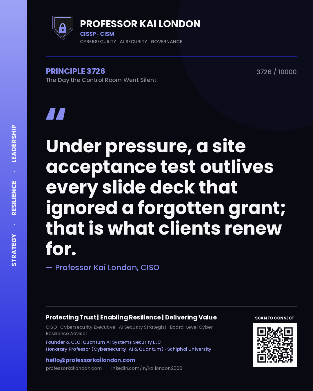Professor Kai London principle 3726: Under pressure, a site acceptance test outlives every slide deck that ignored a forgotten grant; that is what clients renew for.
