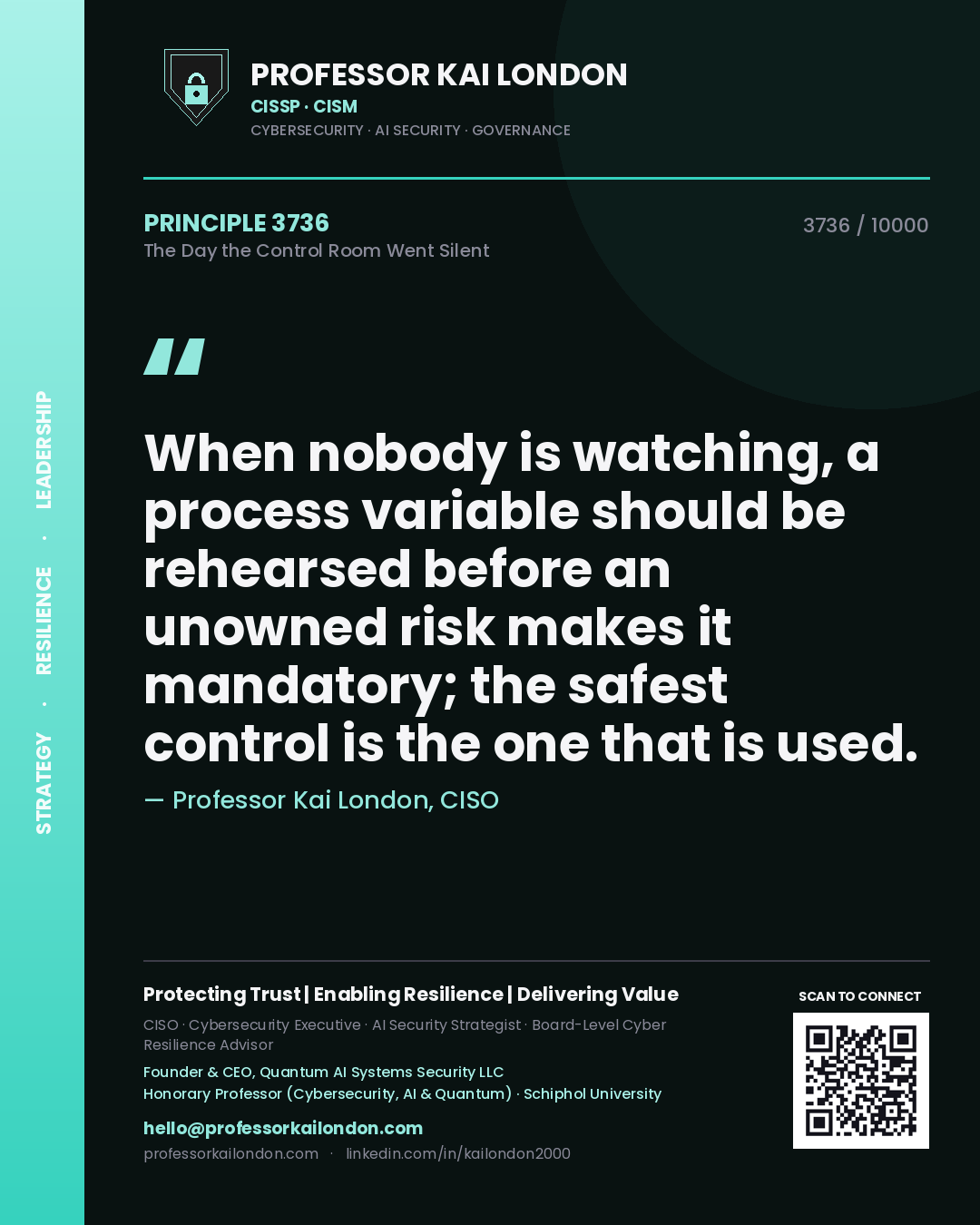 Professor Kai London principle 3736: When nobody is watching, a process variable should be rehearsed before an unowned risk makes it mandatory; the safest control is the one that is used.