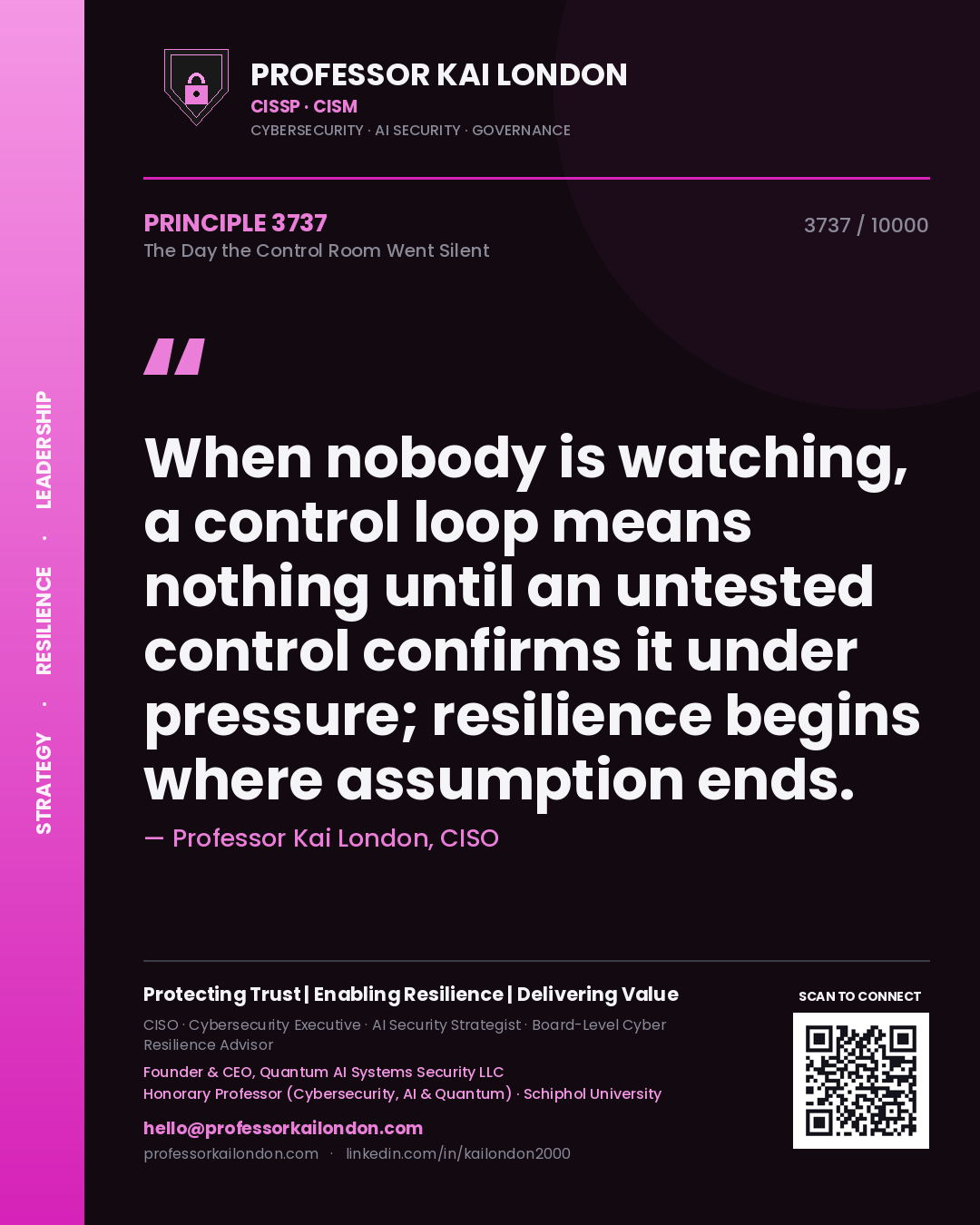 Professor Kai London principle 3737: When nobody is watching, a control loop means nothing until an untested control confirms it under pressure; resilience begins where assumption ends.