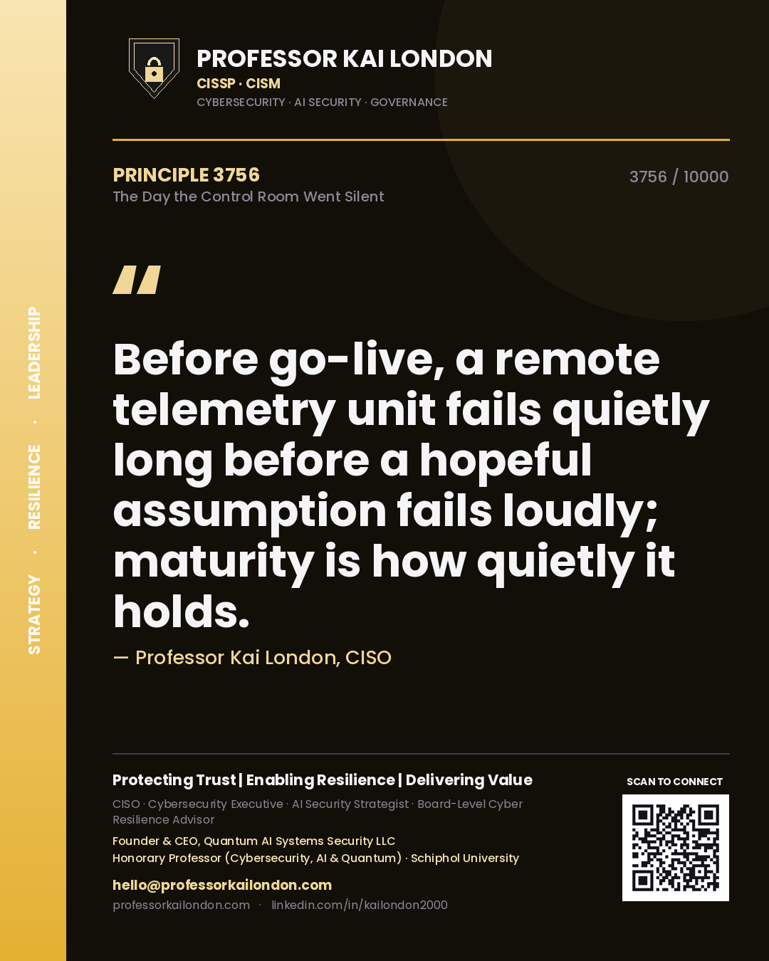 Professor Kai London principle 3756: Before go-live, a remote telemetry unit fails quietly long before a hopeful assumption fails loudly; maturity is how quietly it holds.