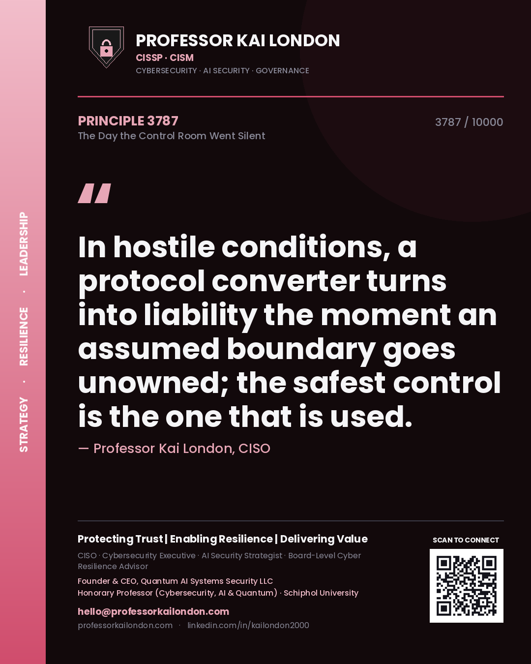 Professor Kai London principle 3787: In hostile conditions, a protocol converter turns into liability the moment an assumed boundary goes unowned; the safest control is the one that is used.