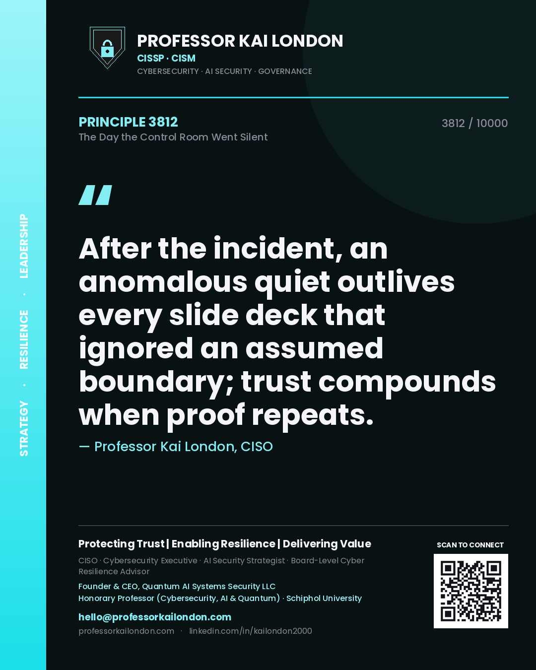 Professor Kai London principle 3812: After the incident, an anomalous quiet outlives every slide deck that ignored an assumed boundary; trust compounds when proof repeats.