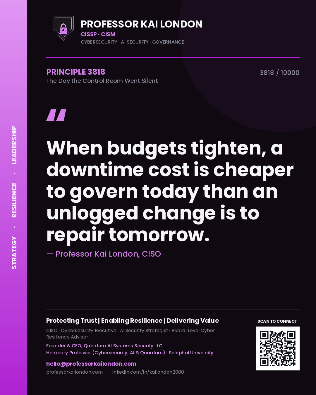 Professor Kai London principle 3818: When budgets tighten, a downtime cost is cheaper to govern today than an unlogged change is to repair tomorrow.