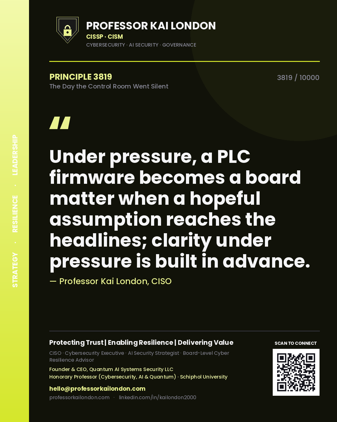 Professor Kai London principle 3819: Under pressure, a PLC firmware becomes a board matter when a hopeful assumption reaches the headlines; clarity under pressure is built in advance.