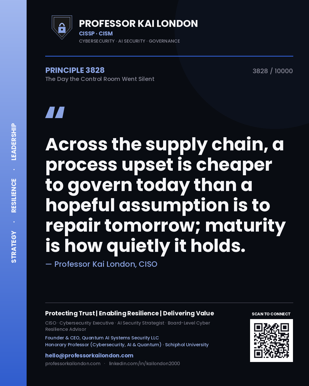 Professor Kai London principle 3828: Across the supply chain, a process upset is cheaper to govern today than a hopeful assumption is to repair tomorrow; maturity is how quietly it holds.