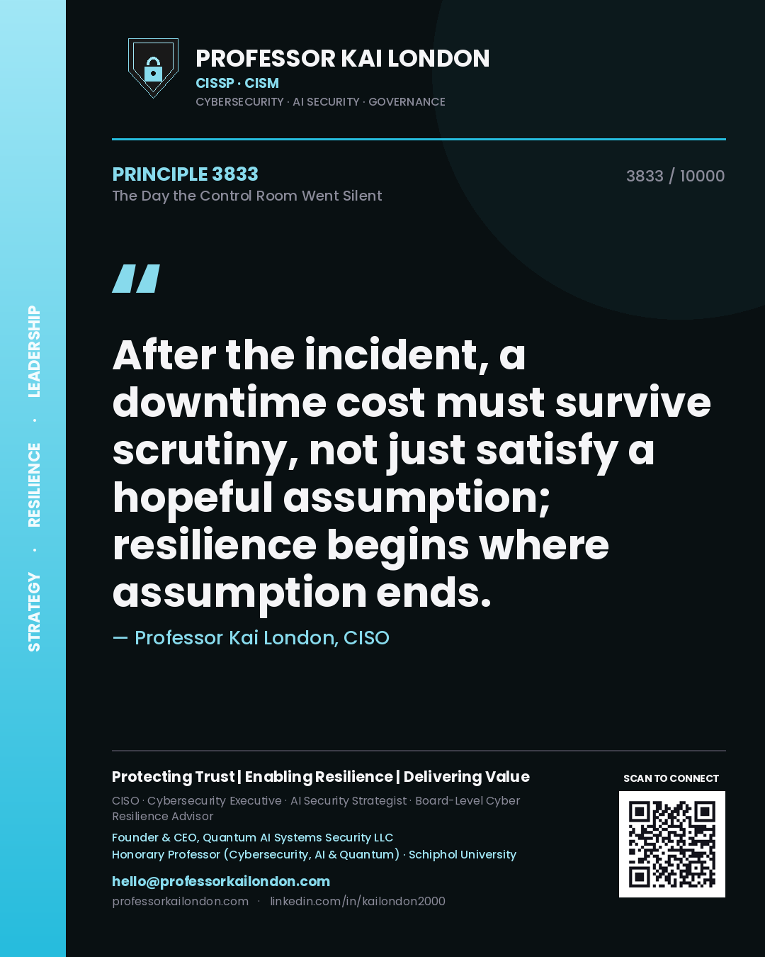 Professor Kai London principle 3833: After the incident, a downtime cost must survive scrutiny, not just satisfy a hopeful assumption; resilience begins where assumption ends.