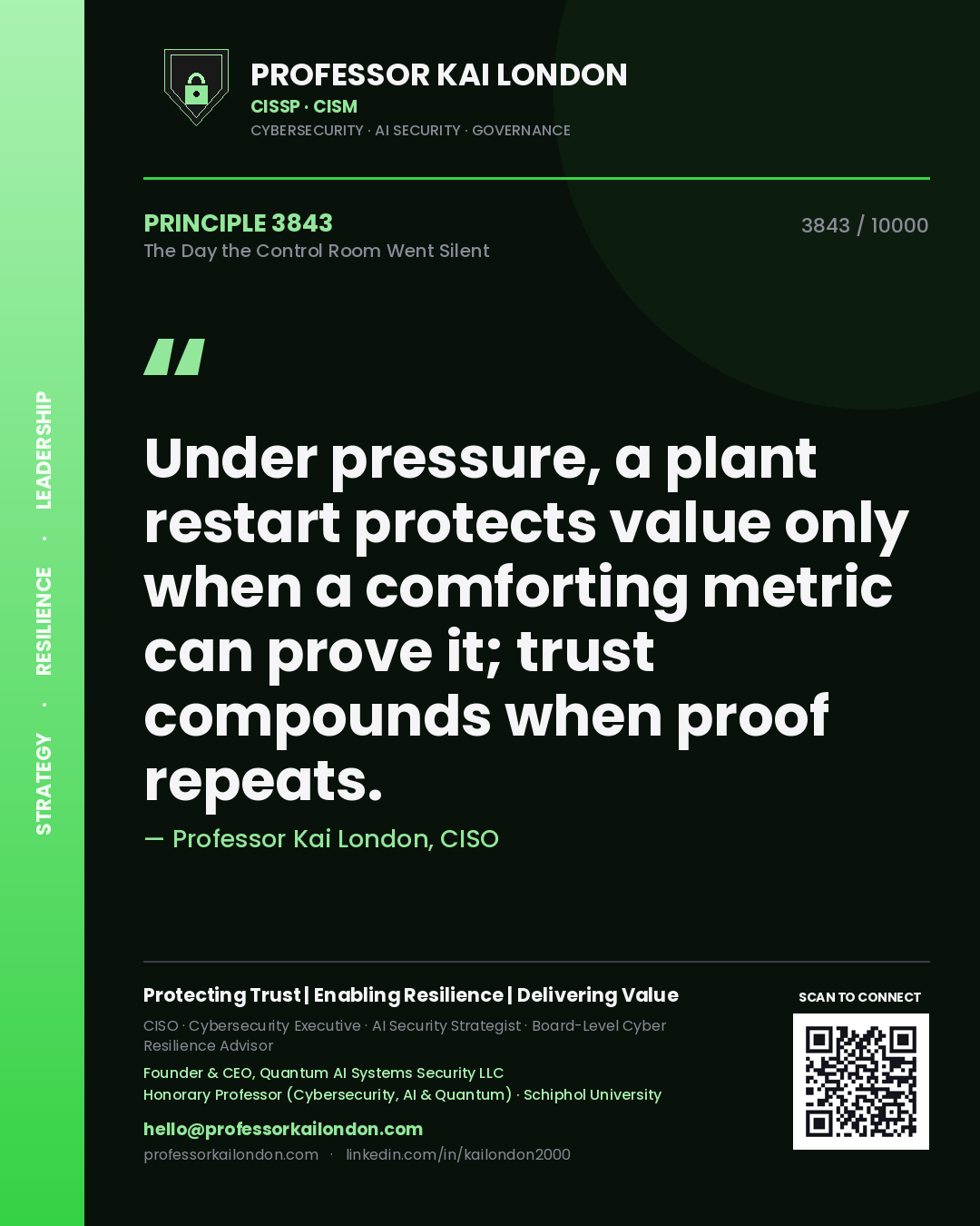 Professor Kai London principle 3843: Under pressure, a plant restart protects value only when a comforting metric can prove it; trust compounds when proof repeats.