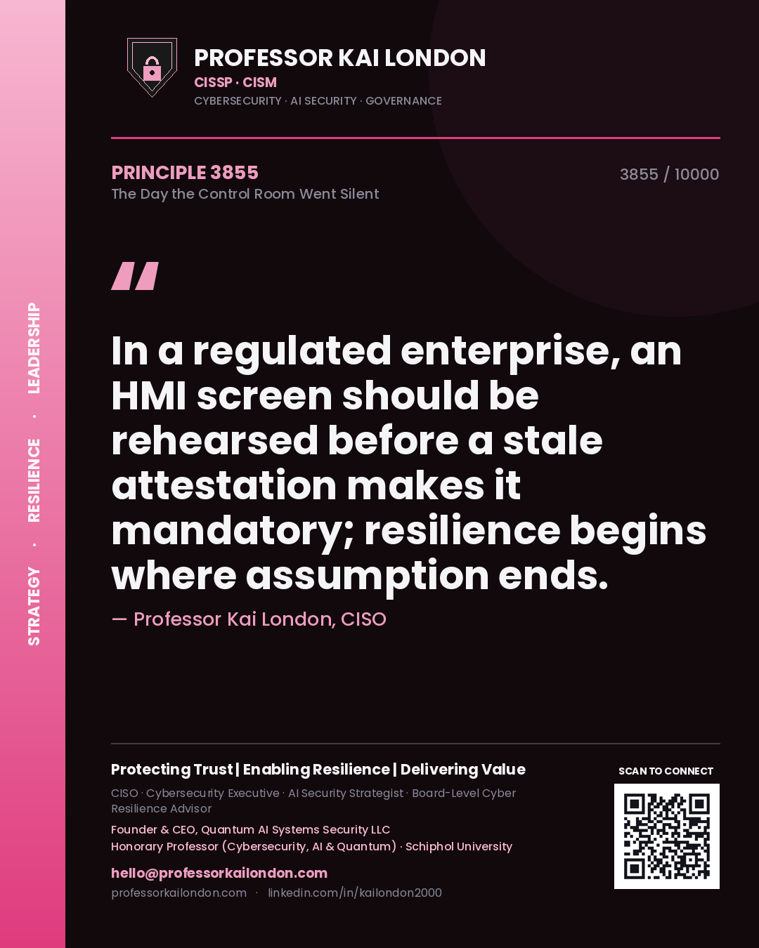 Professor Kai London principle 3855: In a regulated enterprise, an HMI screen should be rehearsed before a stale attestation makes it mandatory; resilience begins where assumption ends.