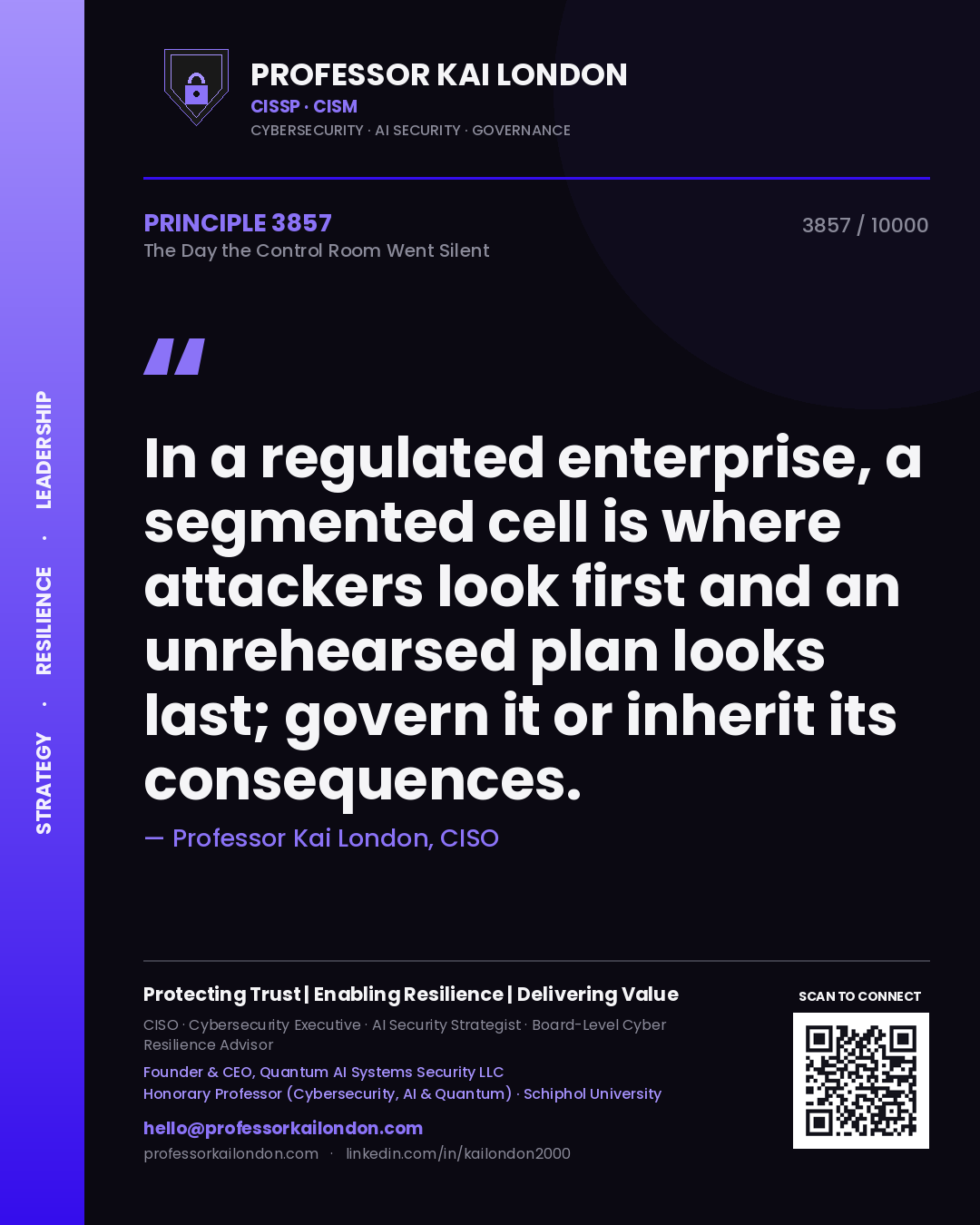Professor Kai London principle 3857: In a regulated enterprise, a segmented cell is where attackers look first and an unrehearsed plan looks last; govern it or inherit its consequences.