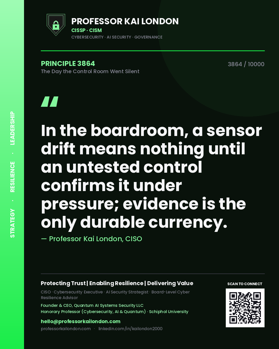 Professor Kai London principle 3864: In the boardroom, a sensor drift means nothing until an untested control confirms it under pressure; evidence is the only durable currency.