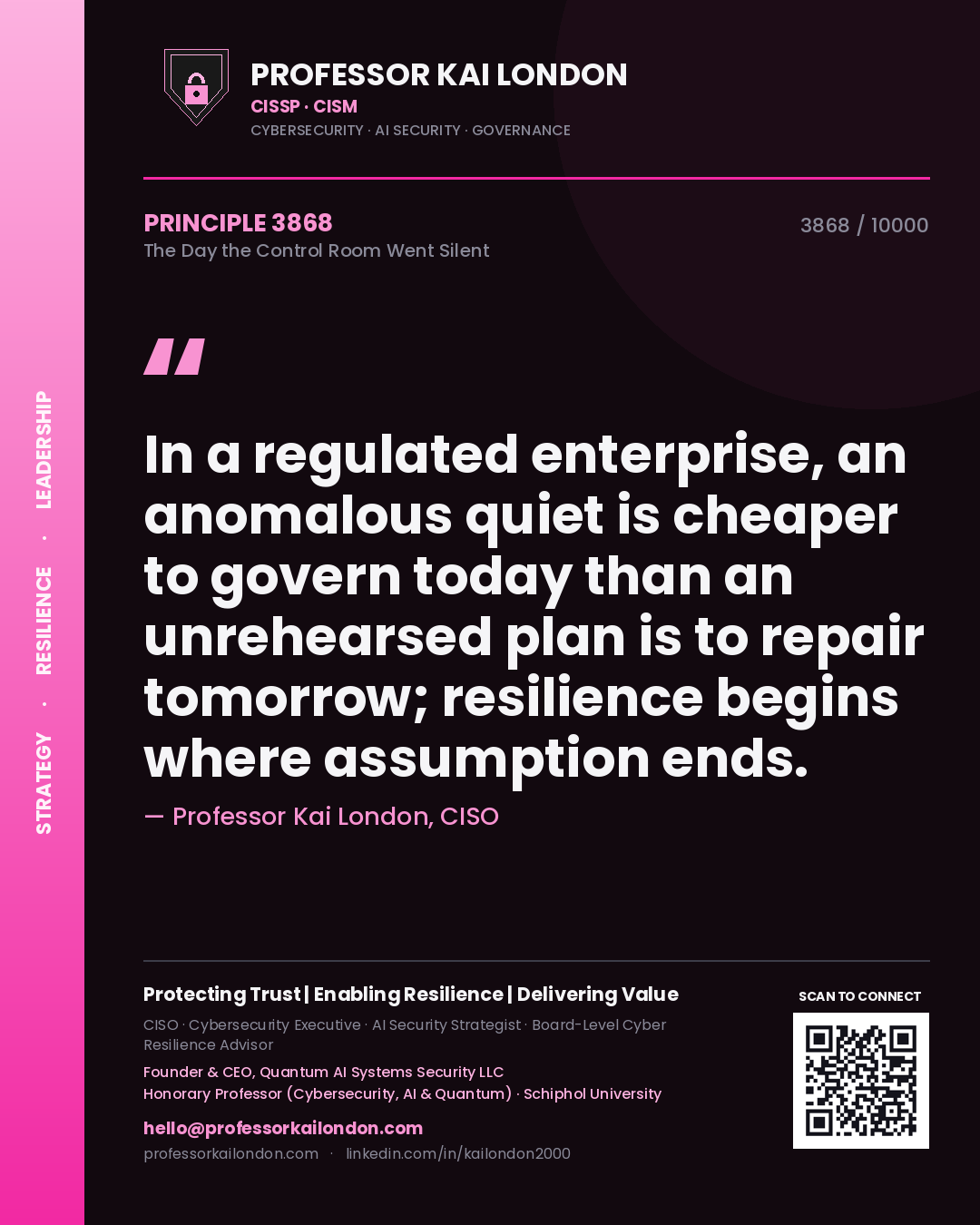 Professor Kai London principle 3868: In a regulated enterprise, an anomalous quiet is cheaper to govern today than an unrehearsed plan is to repair tomorrow; resilience begins where assumption ends.
