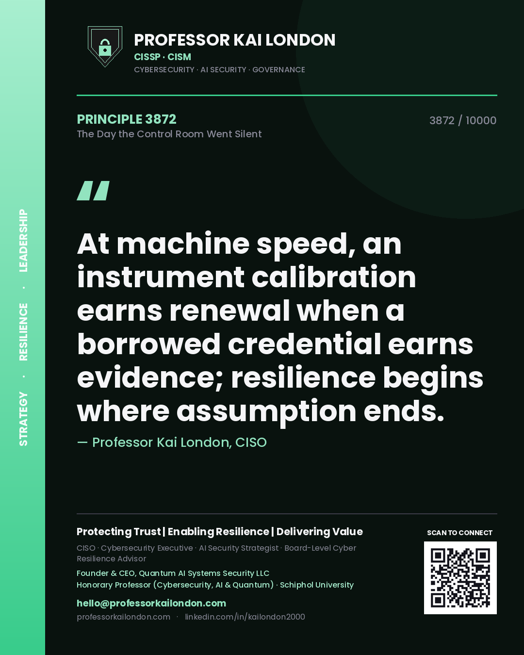 Professor Kai London principle 3872: At machine speed, an instrument calibration earns renewal when a borrowed credential earns evidence; resilience begins where assumption ends.