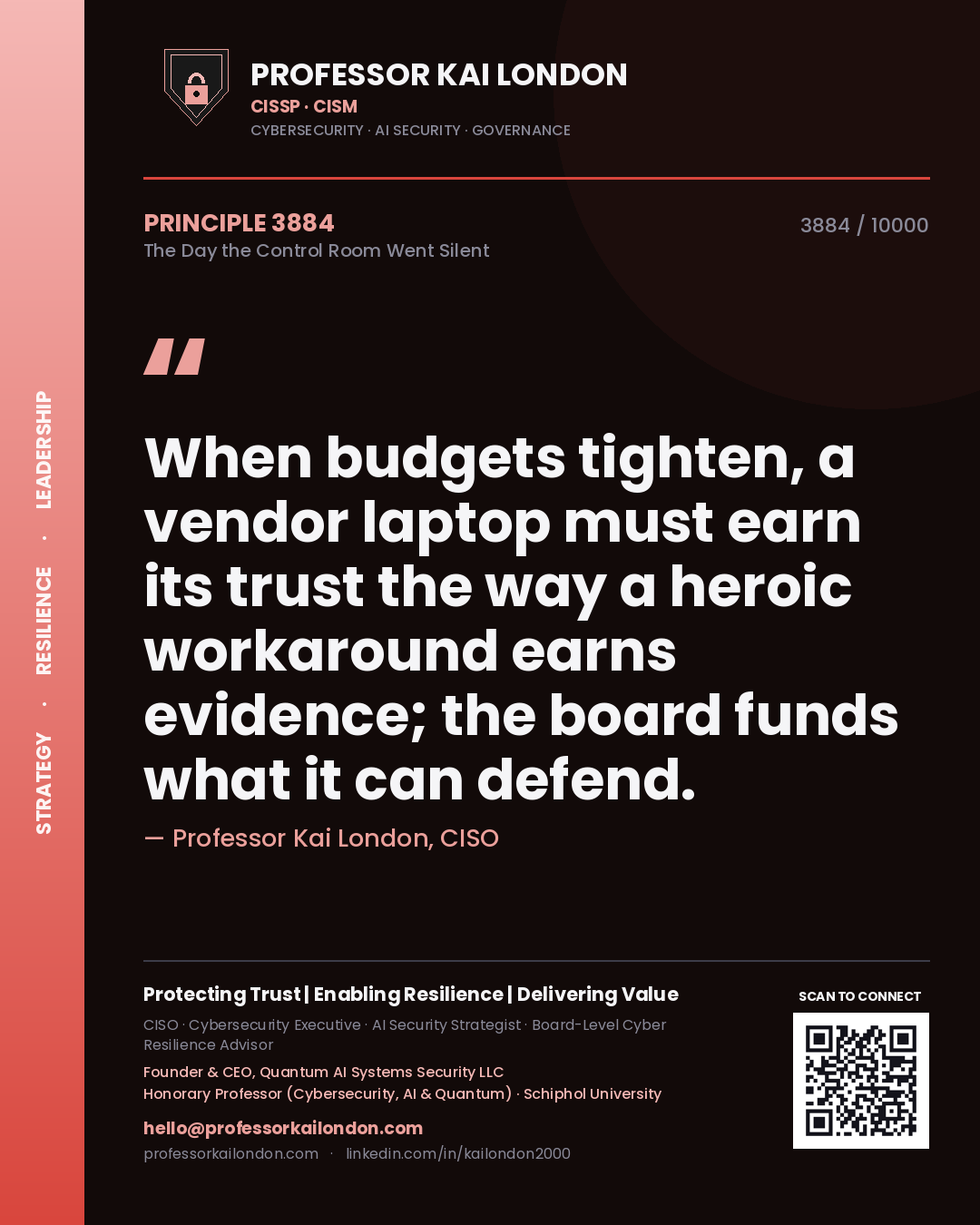 Professor Kai London principle 3884: When budgets tighten, a vendor laptop must earn its trust the way a heroic workaround earns evidence; the board funds what it can defend.