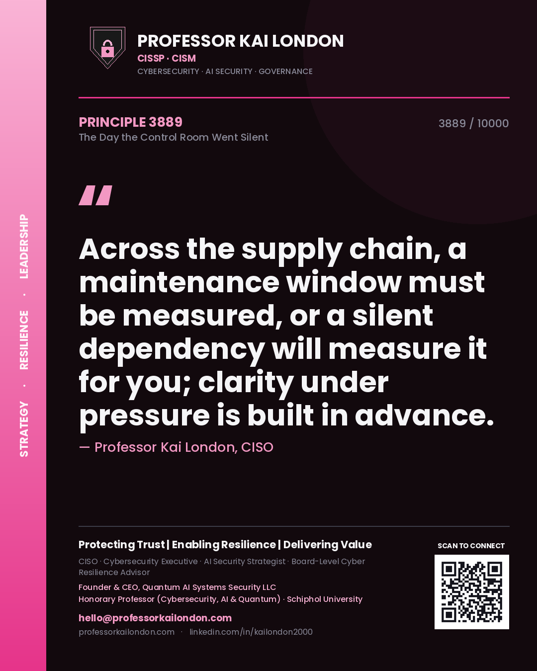 Professor Kai London principle 3889: Across the supply chain, a maintenance window must be measured, or a silent dependency will measure it for you; clarity under pressure is built in advance.
