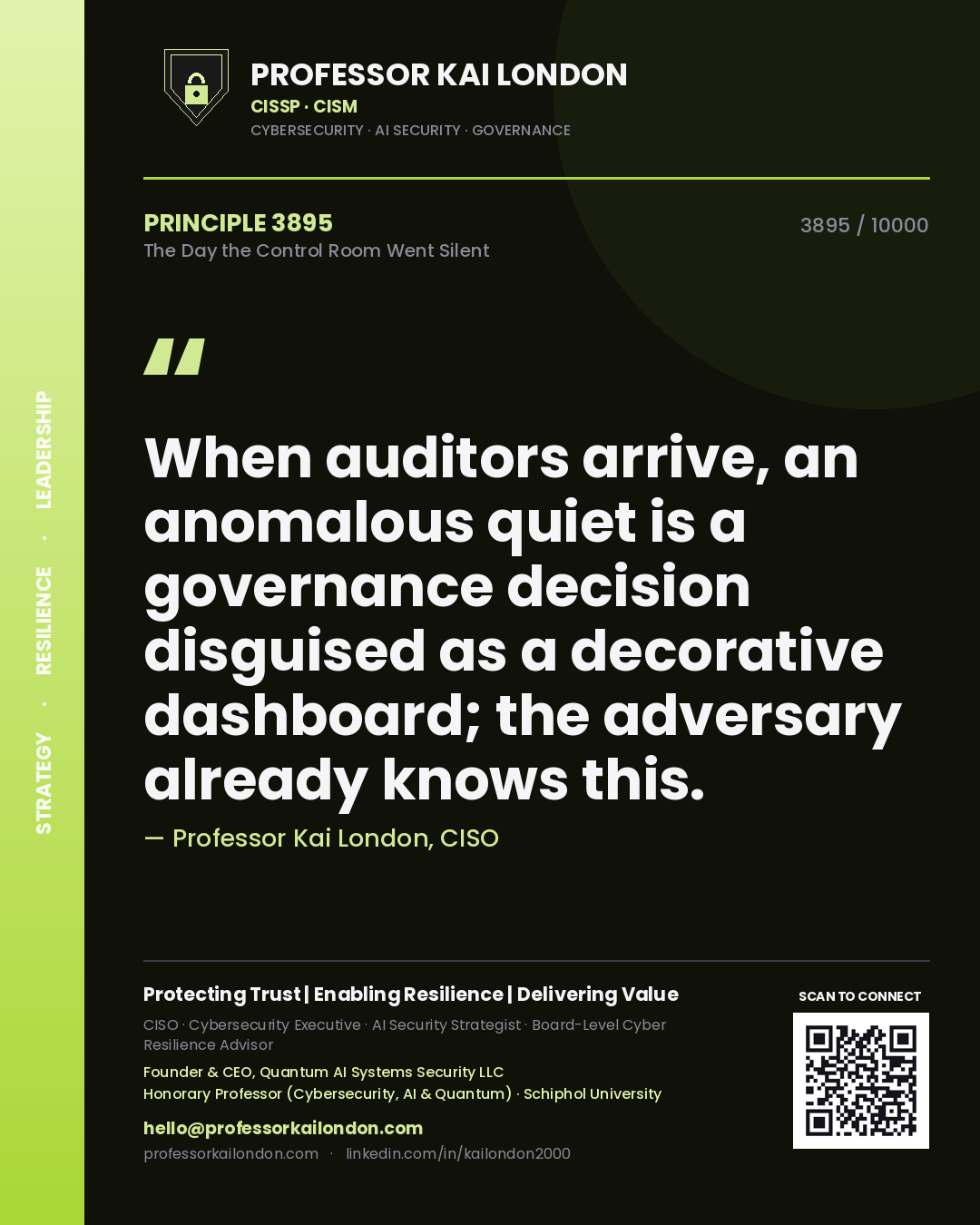 Professor Kai London principle 3895: When auditors arrive, an anomalous quiet is a governance decision disguised as a decorative dashboard; the adversary already knows this.