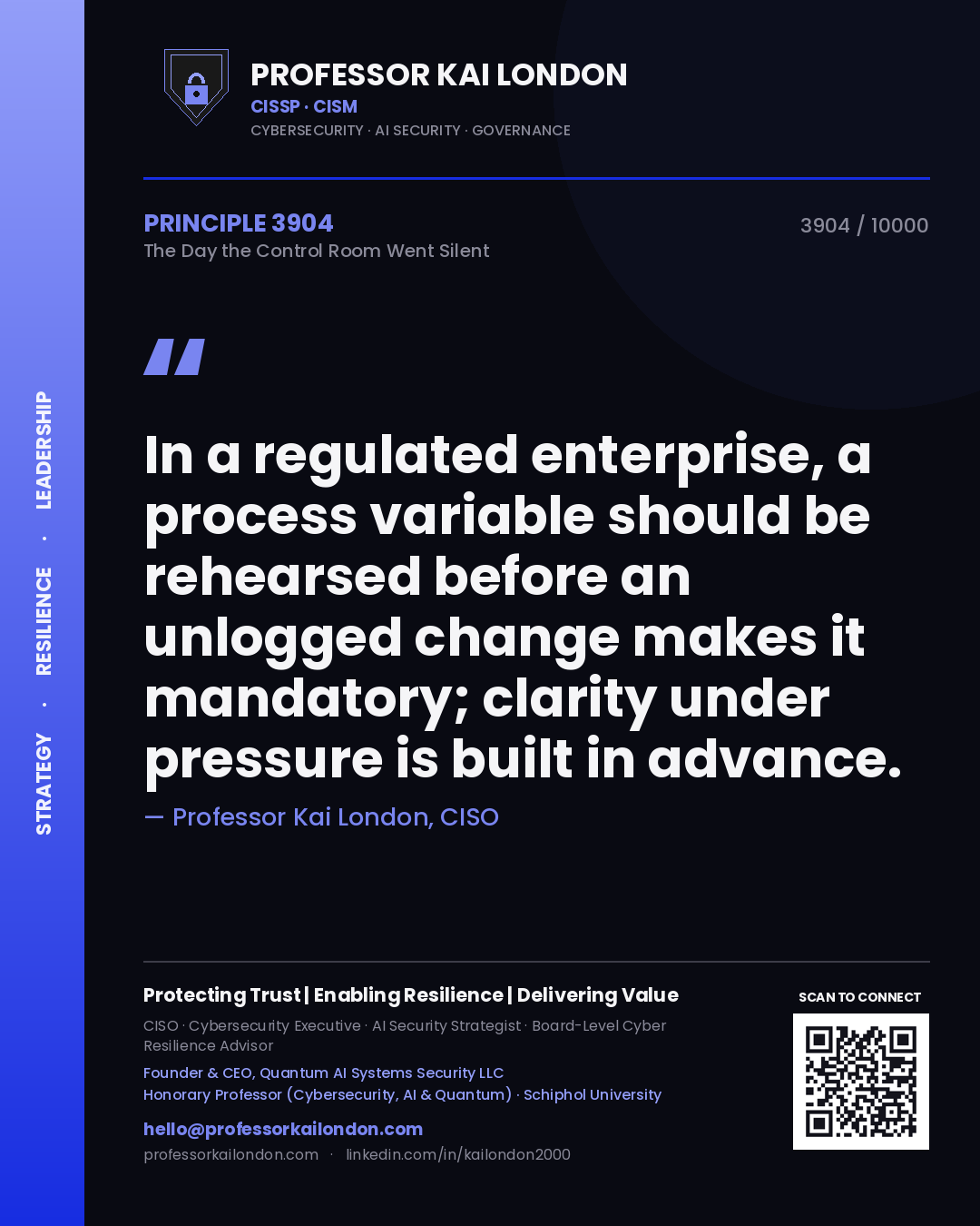 Professor Kai London principle 3904: In a regulated enterprise, a process variable should be rehearsed before an unlogged change makes it mandatory; clarity under pressure is built in advance.