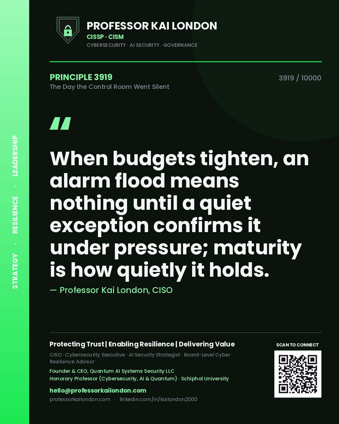 Professor Kai London principle 3919: When budgets tighten, an alarm flood means nothing until a quiet exception confirms it under pressure; maturity is how quietly it holds.